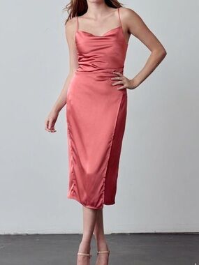 Re Named Satin Slip Pink Cowl Neck Midi Faux Wrap Spaghetti Strap Dress
